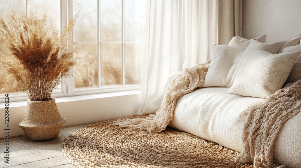 Poster cozy interior design elements featuring warm colors and textures with empty space for text in a sere