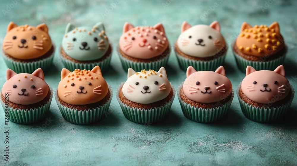 Poster cute cat-themed cupcakes arranged in a row on a textured green surface with ample copy space for tex