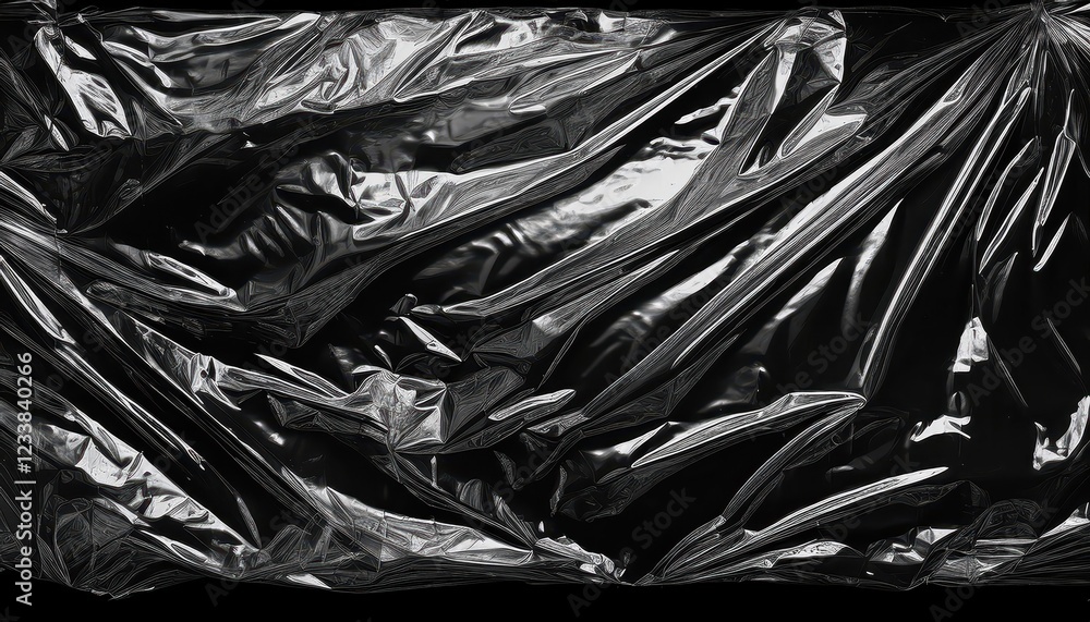 Poster striking contrast of wrinkled plastic wrap texture against a dark backdrop, highlighting the intrica