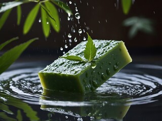 Refreshing neem soap with a dynamic water splash, symbolizing purity, natural skincare, and rejuvenation. A perfect blend of nature’s benefits and a soothing bath experience.