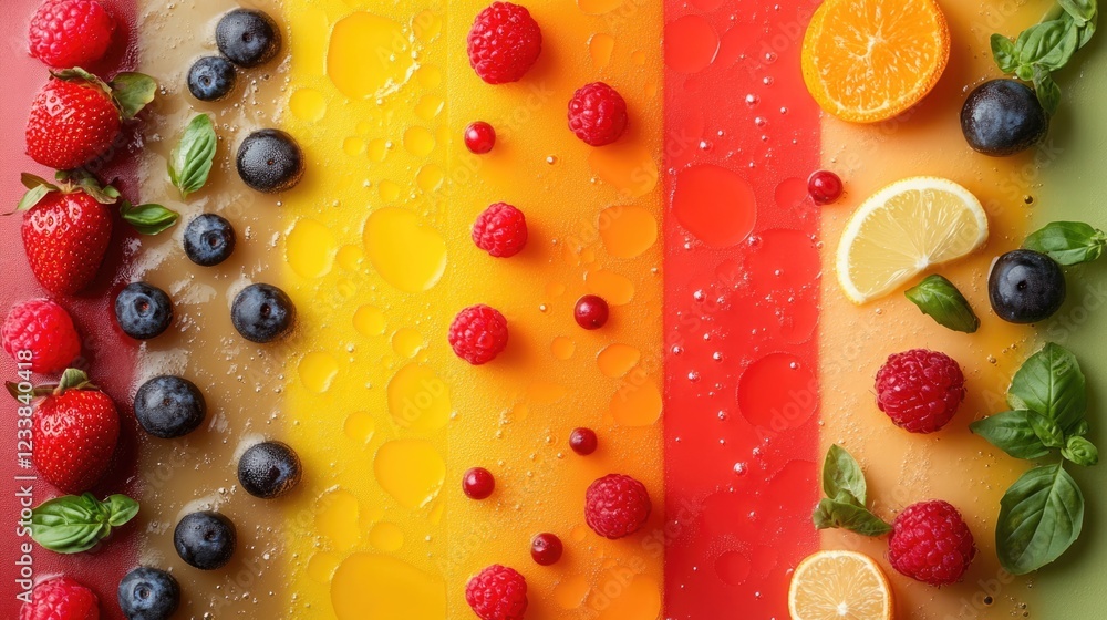 Poster vibrant top view of fresh fruits and herbs arranged on a colorful backdrop for meal preparation with