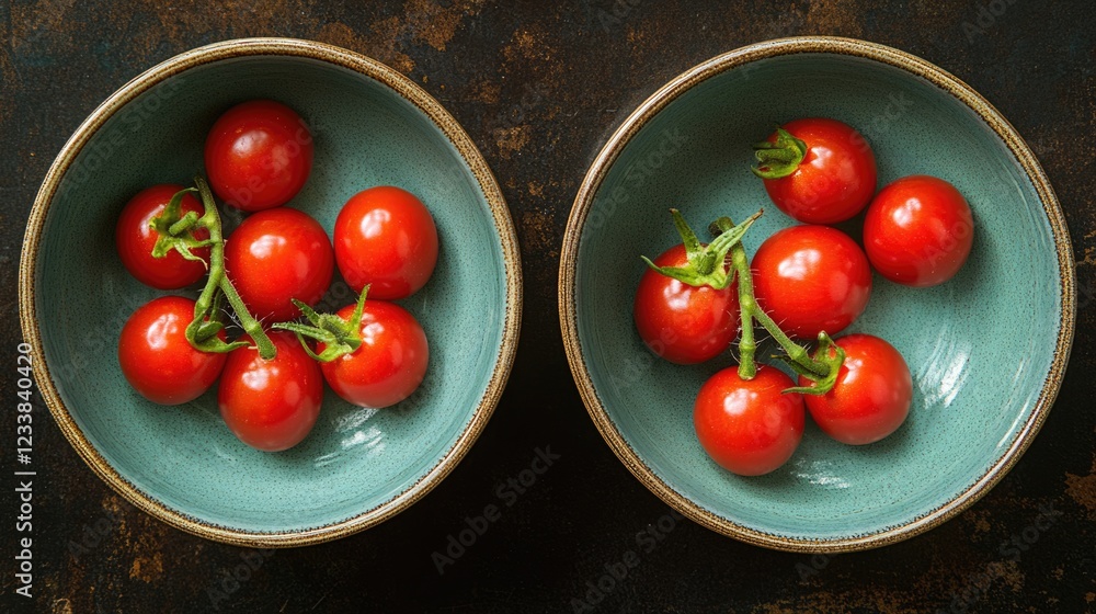 Poster top view of vibrant cherry tomatoes in two bowls with rustic dark background and ample space for foo