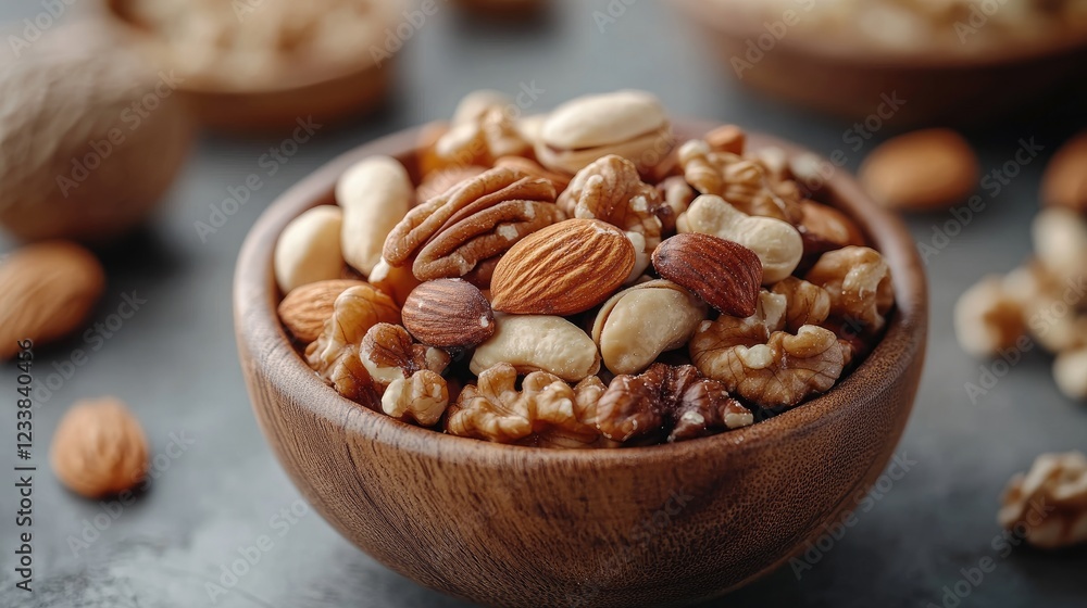Poster assorted nuts in a wooden bowl on a rustic table emphasizing healthy eating and natural ingredients 