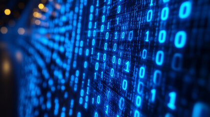 Binary Code Stream, Digital Data Flow, Futuristic Technology Background, Blue Glowing Numbers, Information Age, Computer Science