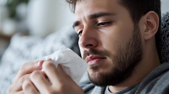 Man blowing nose, sick, couch, home, illness