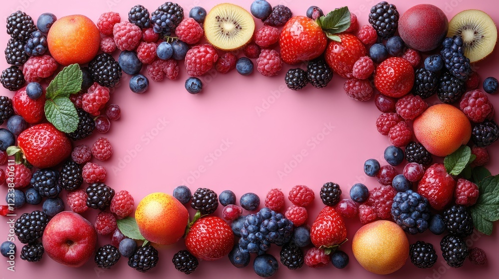 Poster assorted fruits and berries arranged on a pink background with empty space for text promoting health