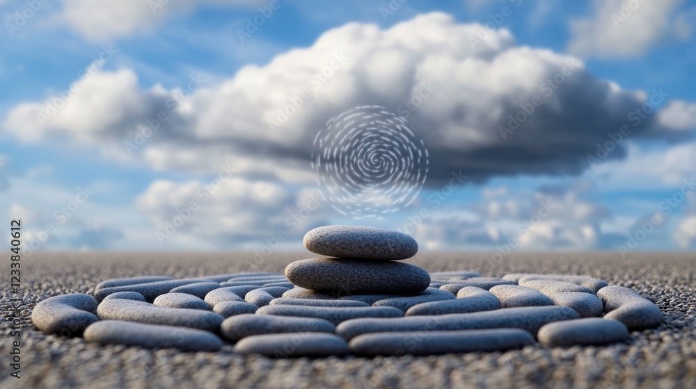 Aufkleber conceptual diagram of spiral arrangement of pebbles with central stone and swirling cloud above, fea