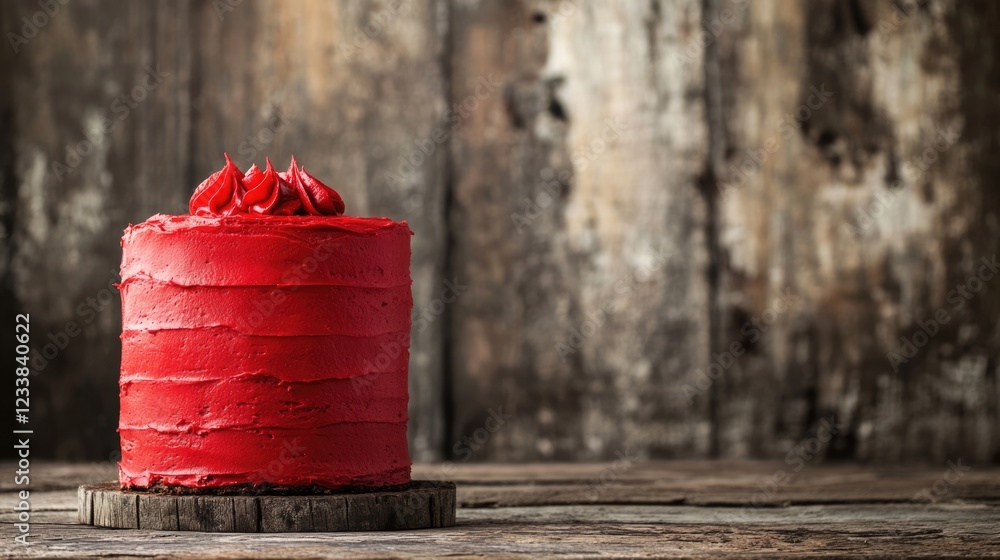 Poster red velvet cake on rustic wooden table with textured background featuring ample space for copy or te