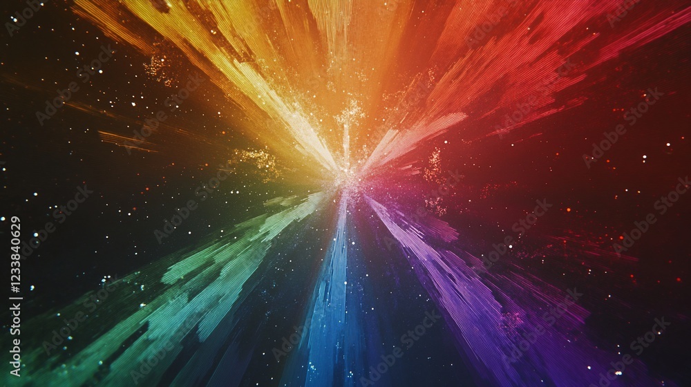 Poster colorful abstract explosion with lines and stars on black background creating an explosion of colors