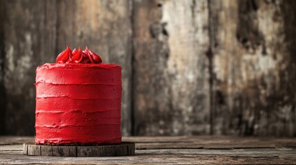 Red velvet cake on rustic wooden table with textured background featuring ample space for copy or text placement in food photography