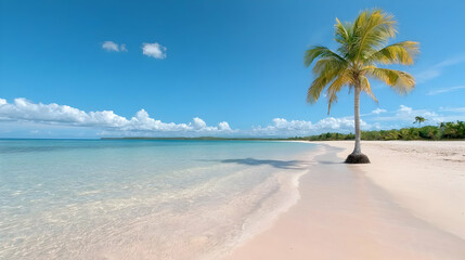 Naklejka premium Lone palm tree on pristine beach, turquoise water, sunny sky; travel brochure