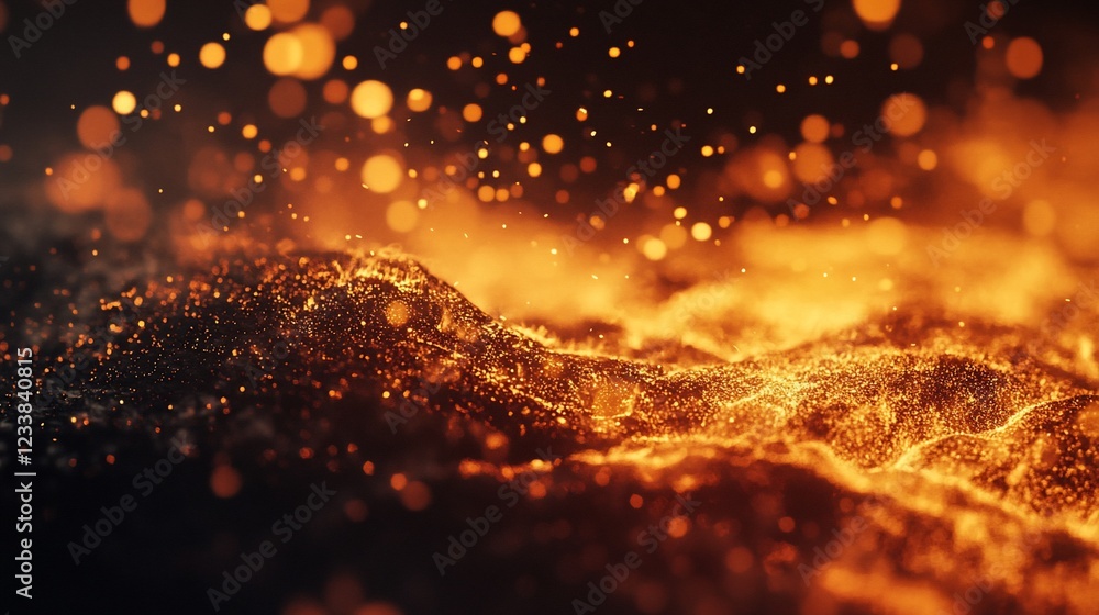 Poster abstract fire-like particles in motion create a dynamic glowing landscape on a dark background