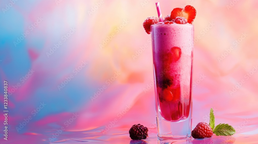 Aufkleber berry smoothie in tall glass on vibrant background with colorful swirls and copyspace for text usage