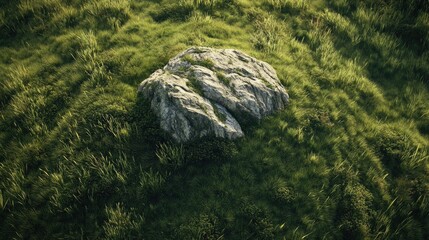 Aerial view of lush tall grass on a hill showcasing a prominent rock and ample copyspace for overlay text or branding elements
