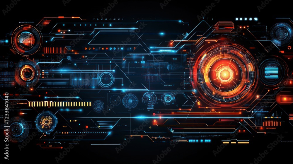 Poster futuristic hud interface glowing; digital data streams; dark background; tech presentation