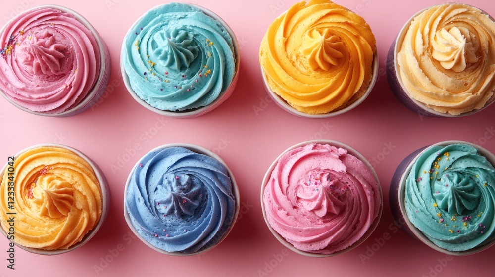 Poster colorful cupcakes arranged in a grid on a pink background with empty space for text perfect for a de