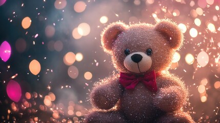 Fototapeta premium Teddy bear amidst colorful sparkling fireworks and soft bokeh lights providing ample space for text or captions celebrating special moments.