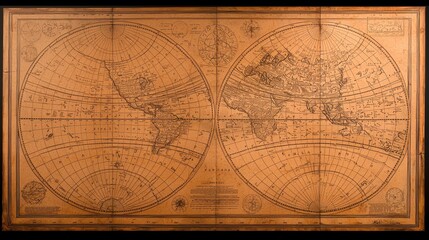 Fototapeta premium Vintage world map illustration with geographical details, navigation lines, and labels