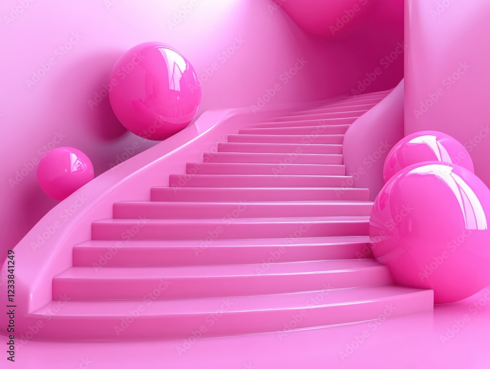 Poster pink staircase with floating spheres in a minimalist and modern design with soft light