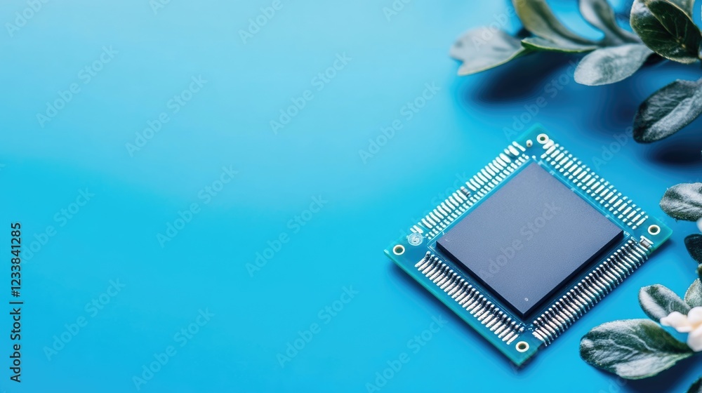 Fototapete blue microchip on a vibrant background with greenery providing space for text in a technology themed