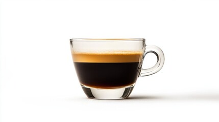 A single shot of espresso in a glass cup, presented against a pure white background