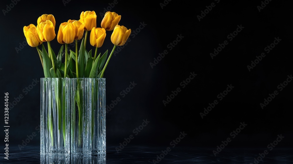 Aufkleber elegant crystal vases filled with vibrant yellow tulips against a dark background showcasing empty s