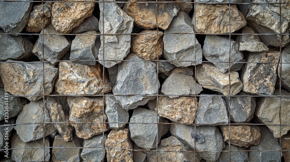 Poster stone filled wire mesh cages texture with empty space for text ideal for backgrounds or construction
