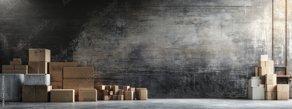 Poster warehouse interior featuring stacked raw material boxes with ample empty space for text and inventor