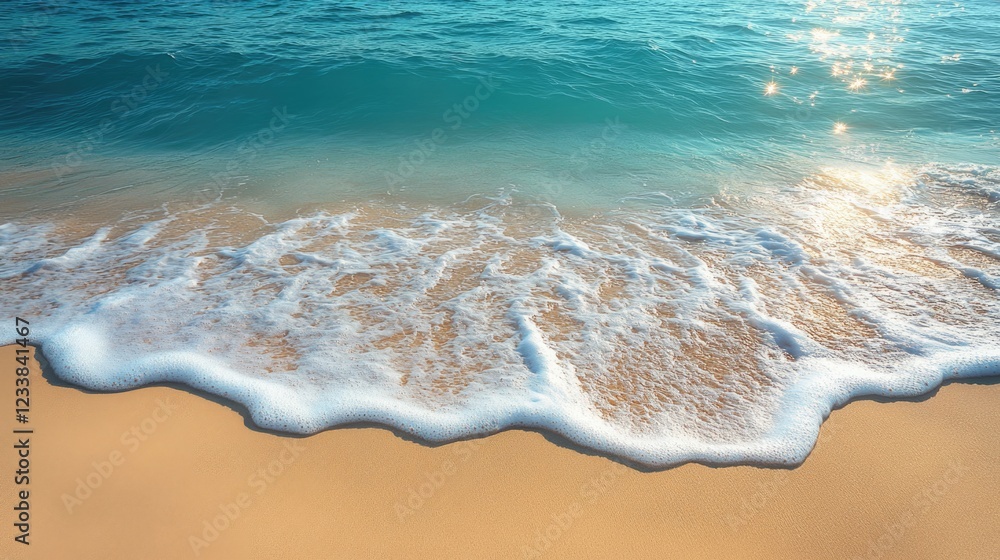 Aufkleber tranquil top view of gentle ocean waves lapping on a sandy shore with bright sunlight creating a ser