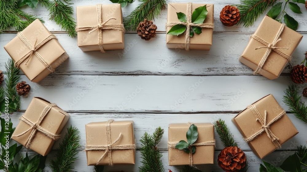 Aufkleber cardboard gift boxes arranged on a rustic white table surrounded by pinecones and greenery with spac