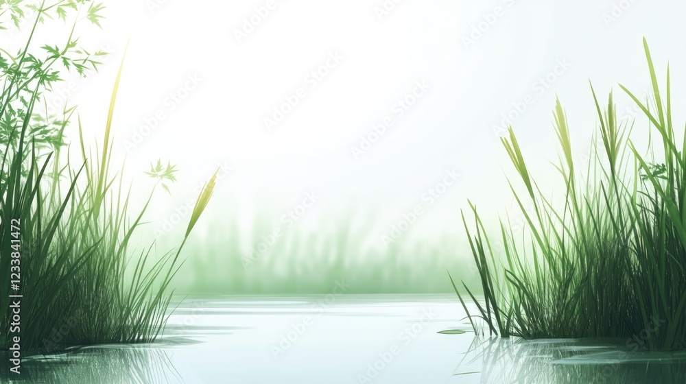 Fototapete serene marsh landscape with tall reeds and grass against a tranquil water surface and soft foggy bac