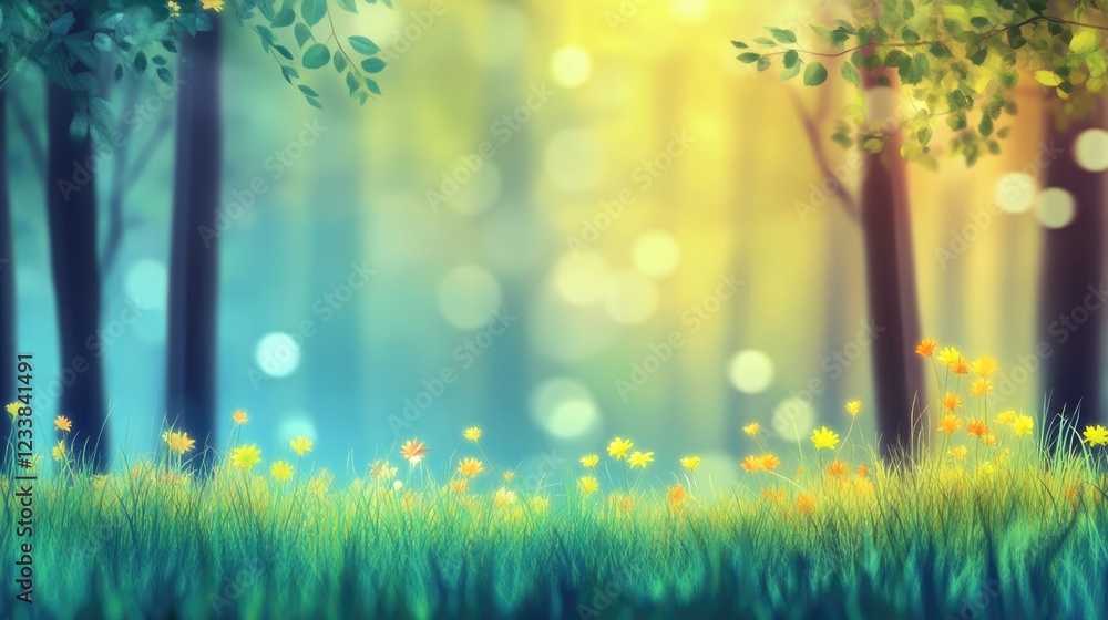 Poster vibrant abstract forest background with bokeh effects and copyspace for text in colorful nature sett