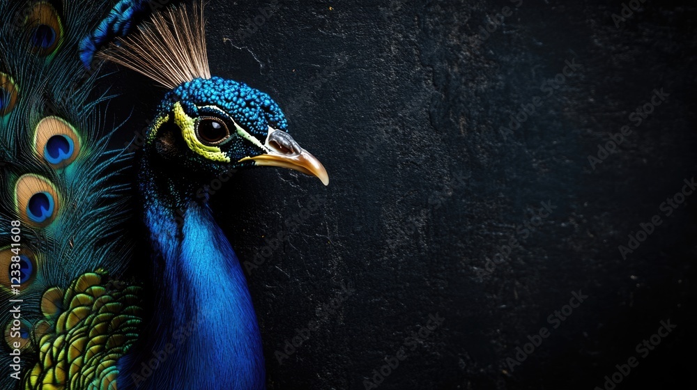 Poster vibrant male peacock displaying colorful feathers against dark background with space for text and gr