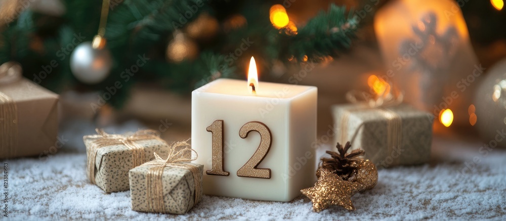 Poster candle number 12 with gift boxes and pine cones on festive backdrop creating space for text or holid