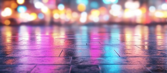 Reflective wet sidewalk at night with vibrant colorful lights and ample space for text or branding use in promotional materials
