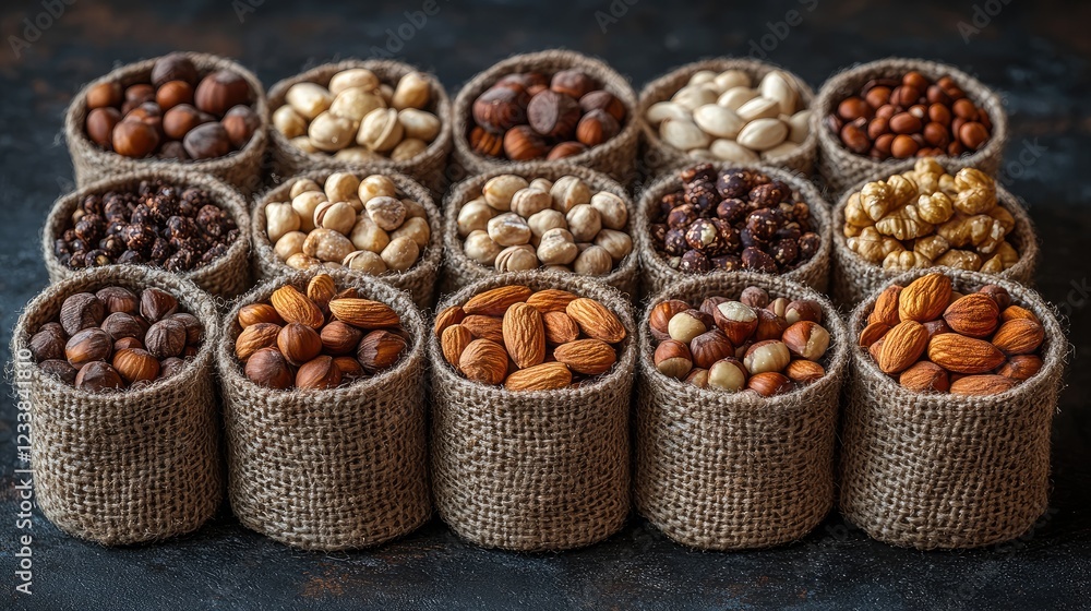 Poster top view of various nuts in burlap containers showcasing healthy snacking options with a minimalist 