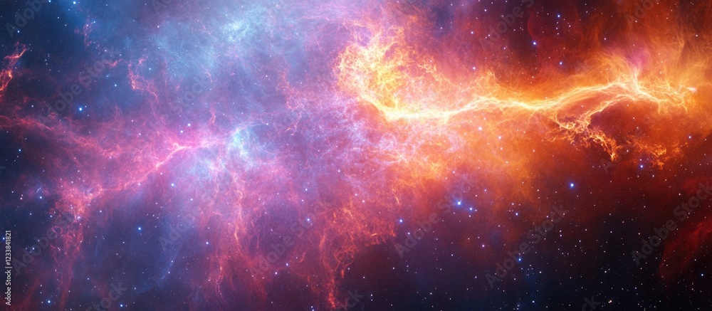 Poster cosmic nebula with vibrant colors representing global network connectivity and technology, featuring