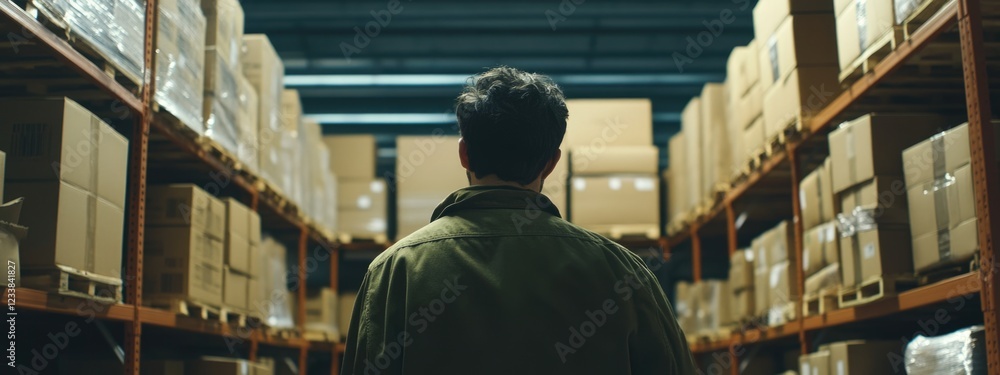 Aufkleber warehouse employee organizing inventory with abundant boxed goods and ample space for custom text or