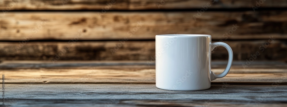 Poster white mug mockup positioned on rustic wooden surface with ample empty space for customizable text or