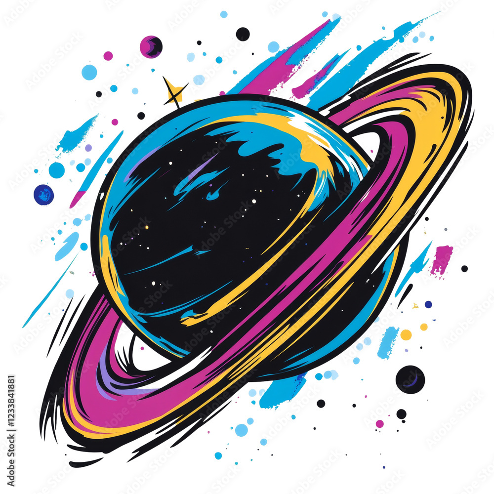 Poster An abstract depiction of a planet with a ring system in a dynamic composition of vibrant colors and paint splashes suggesting cosmic energy.