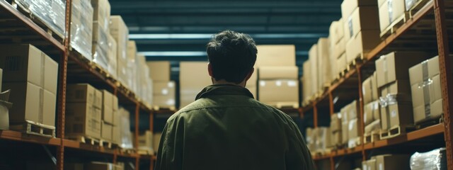 Warehouse Employee Organizing Inventory with Abundant Boxed Goods and Ample Space for Custom Text or Branding