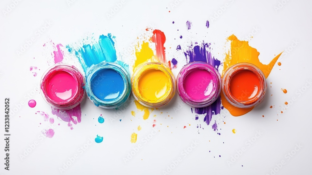 Poster vibrant colorful paint splatter with paint containers on white background for creative projects and 