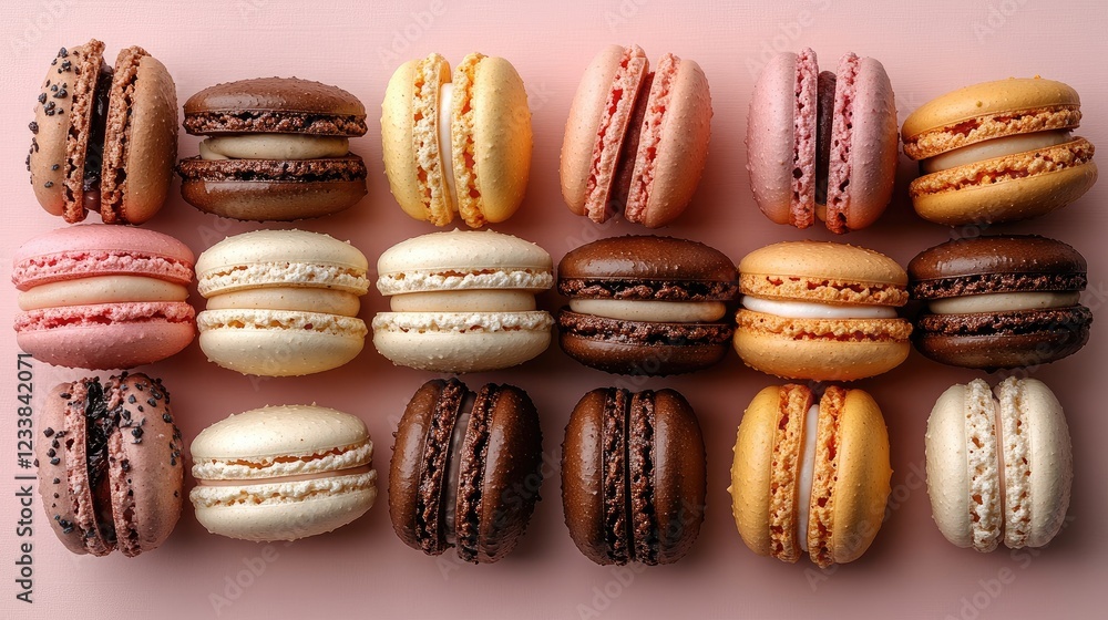 Poster assorted colorful macarons arranged in a beautiful pattern on a soft pink background showcasing thei