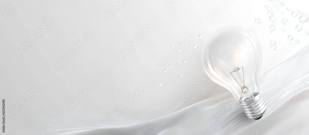 Poster white light bulb on a soft white background creating an expansive area for text and graphic elements
