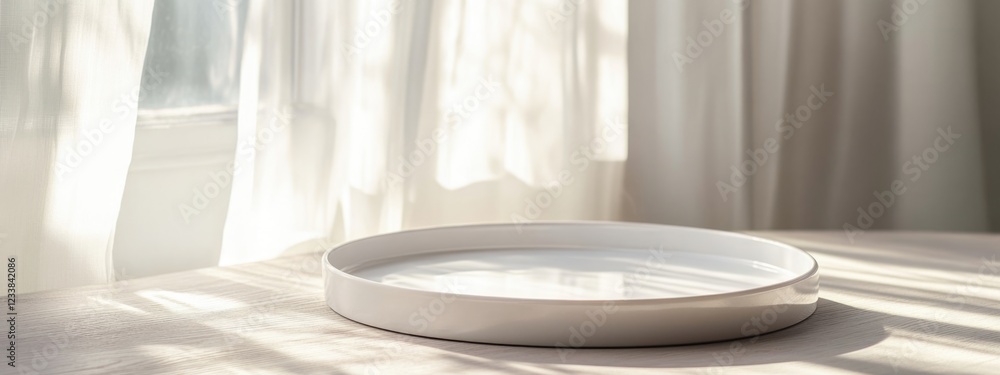 Poster white round tray on a sunlit surface with soft drapes and ample copy space for text in a bright room