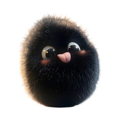 Fluffy 3D Black Bird with Pink Nose Sticking Out Its Tongue Isolated on Transparent Background