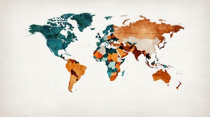 Colorful Artistic World Map Illustration with Unique Textures and Earth Tones