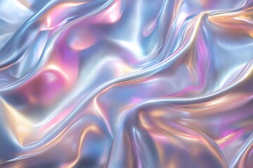 Fototapeta premium Glossy iridescent pastel smooth and flowing fabric waves silk satin texture. Abstract holographic gradient textile background. Trendy backdrop design.