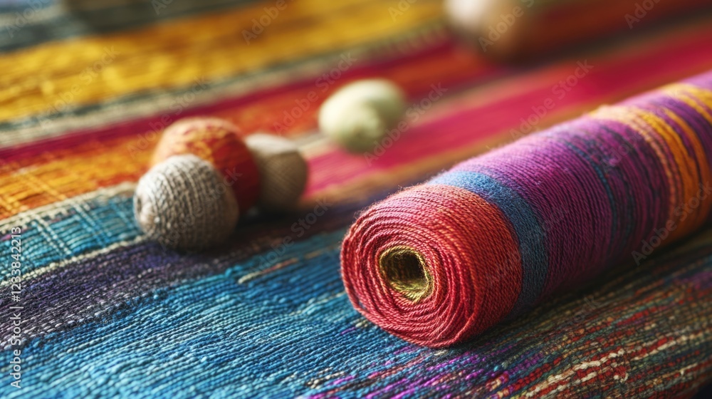 Poster colorful traditional textiles emphasizing weaving artistry with ample space for text and design elem