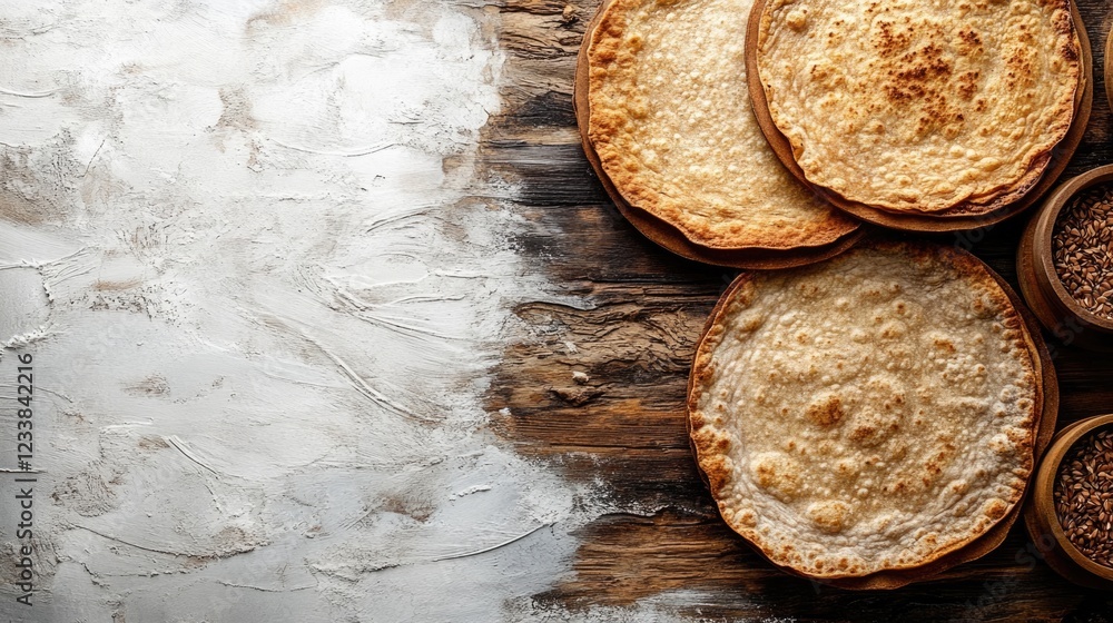 Poster top view of freshly baked chapatis and whole wheat flatbread on wooden surface with empty space for 